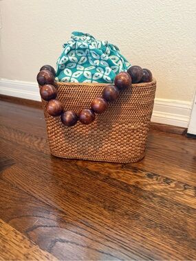 Anthropologie Turquoise & Brown Woven Crossbody Bag with Wooden Bead Handle